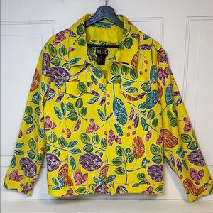 REDD VintageVibrant Yellow Floral Cotton Jean Jacket Aloha Cruise Vacation Style